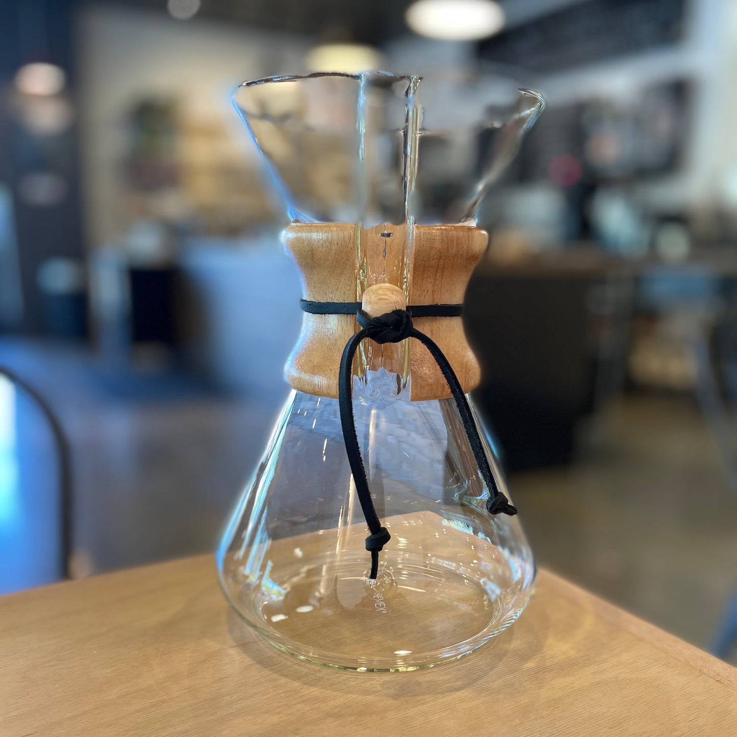 Chemex with black strap at Pilgrim Coffeehouse