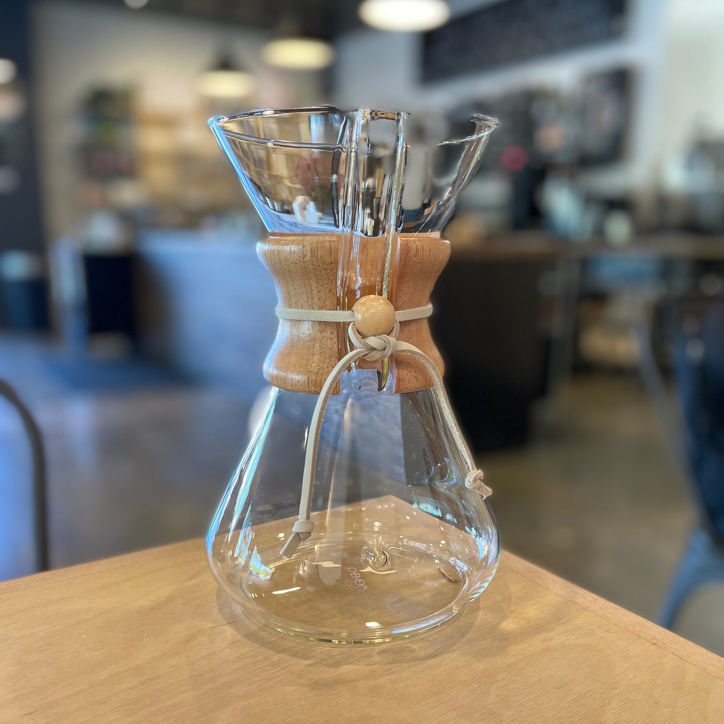 Chemex with white strap at Pilgrim Coffeehouse